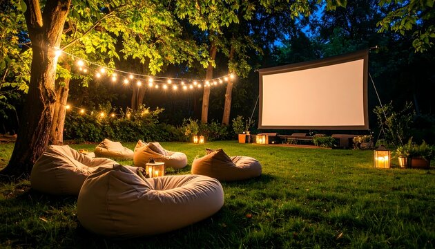 Outdoor cinema under the stars with bean bags, string lights and lanterns on the lawn