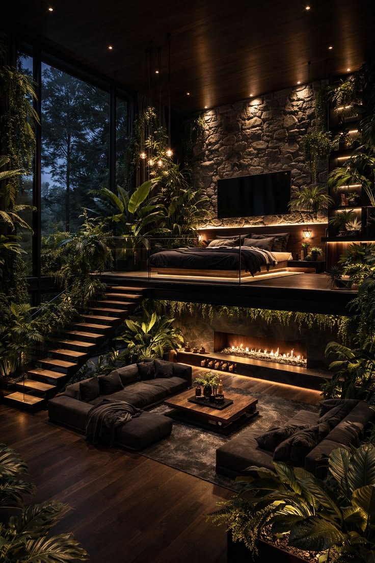 Dramatic multi-level living room with stone fireplace, lush planting and forest views at dusk