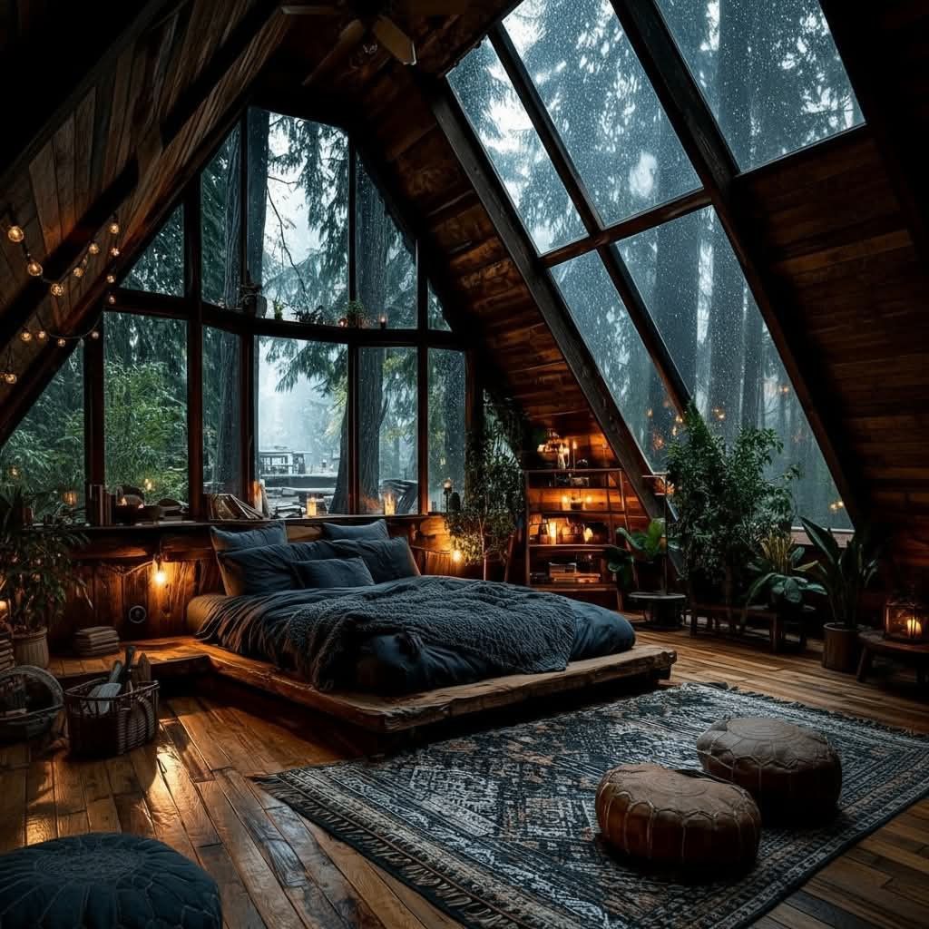 A-frame loft bedroom with skylights, rain on the glass and warm candlelight
