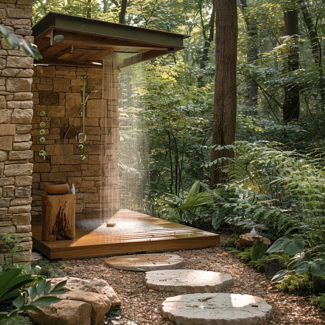 Stone-and-timber rain shower open to the forest