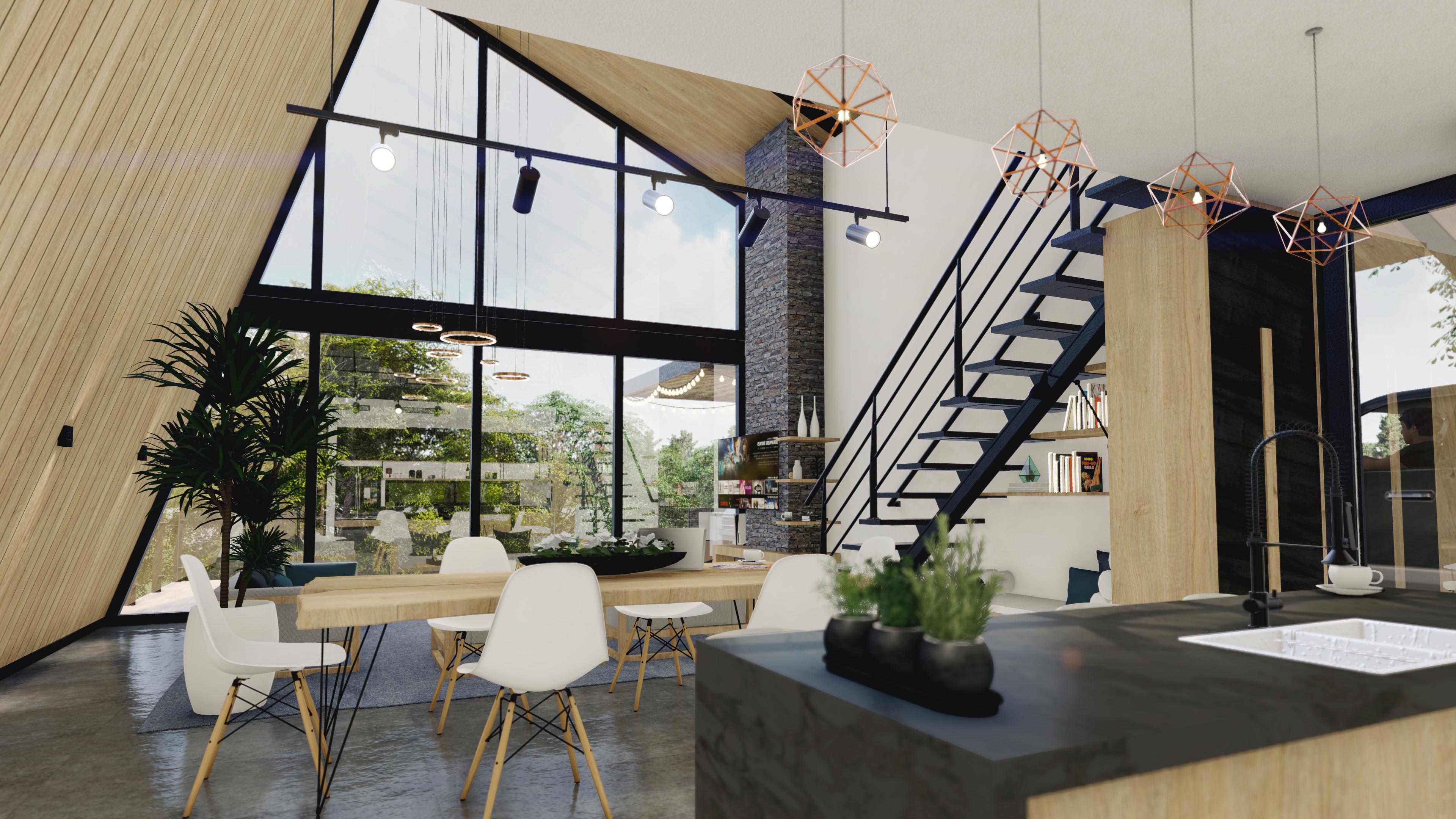 Open-plan cabin interior with loft and full-height glass