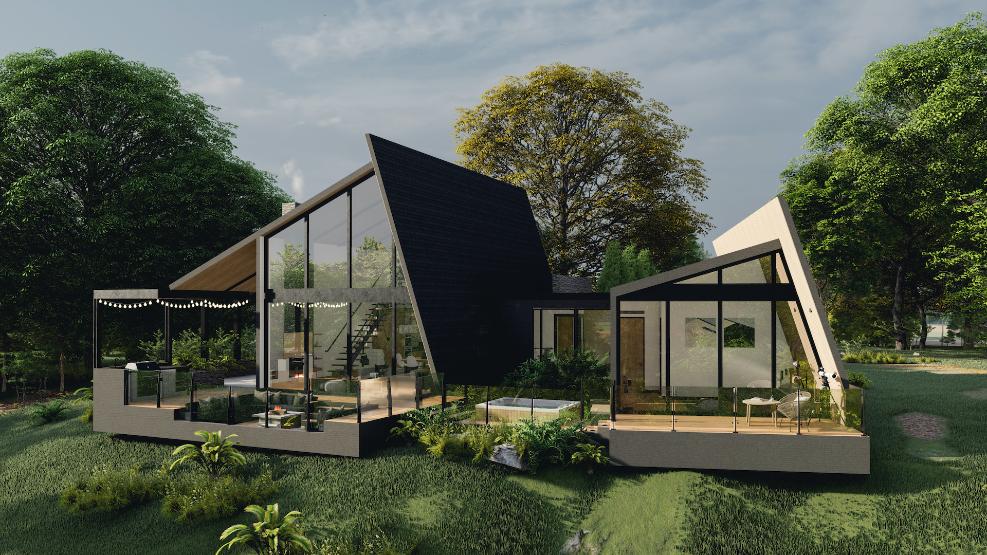 Two NATIVA cabins in a forest clearing, daytime rendering