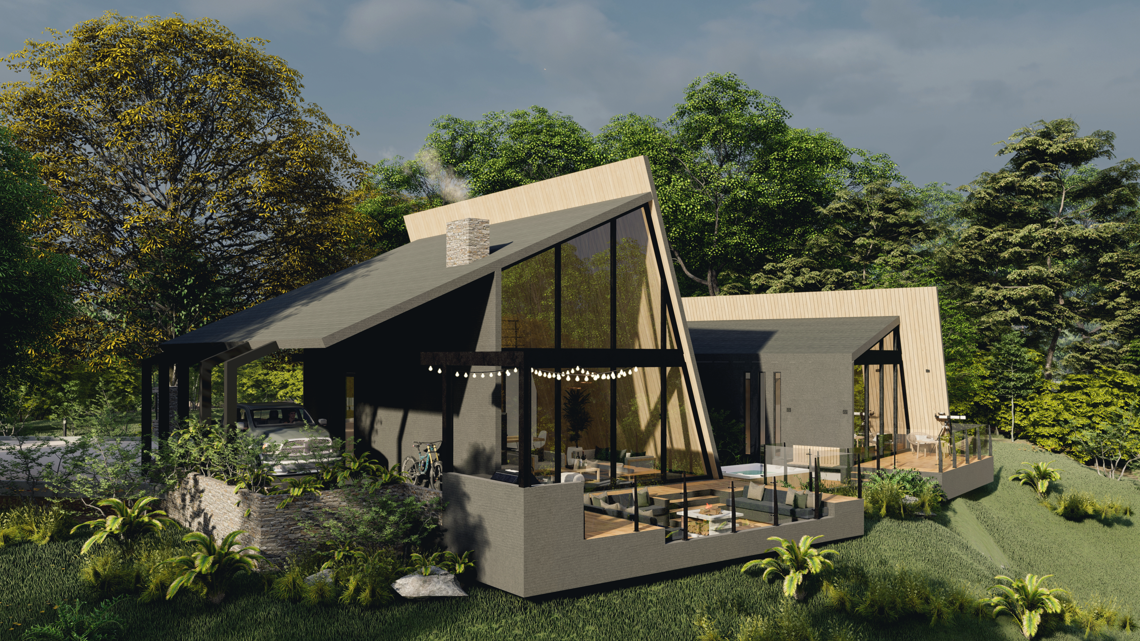 Hillside cabin with carport, daytime rendering