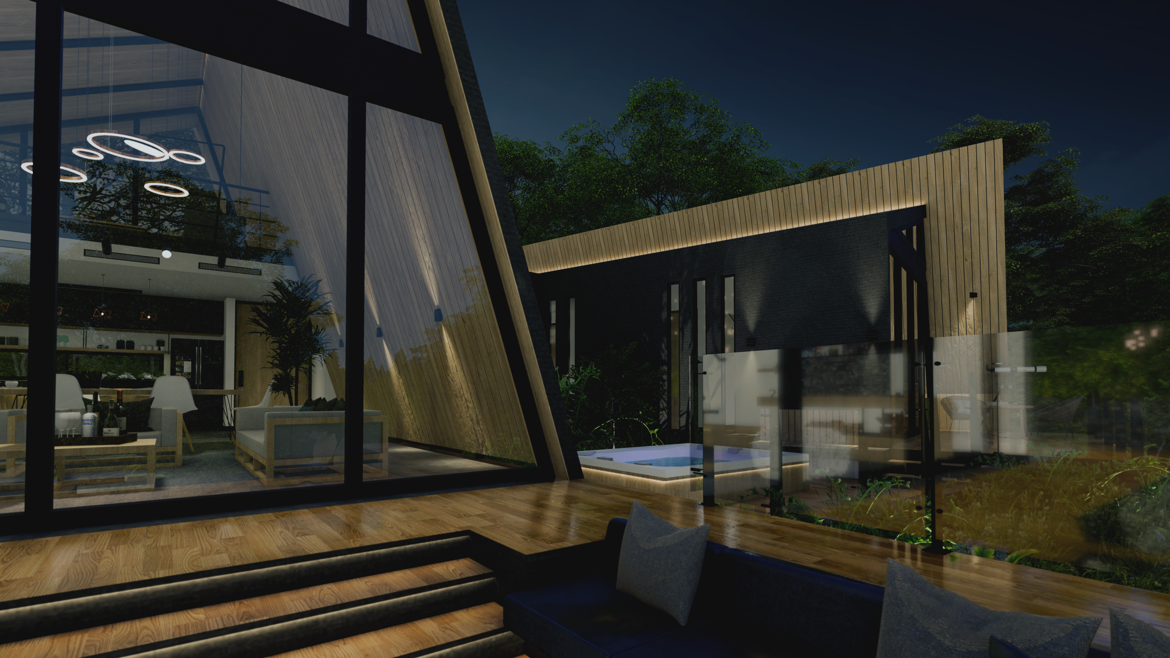 Cabin deck with hot tub at dusk