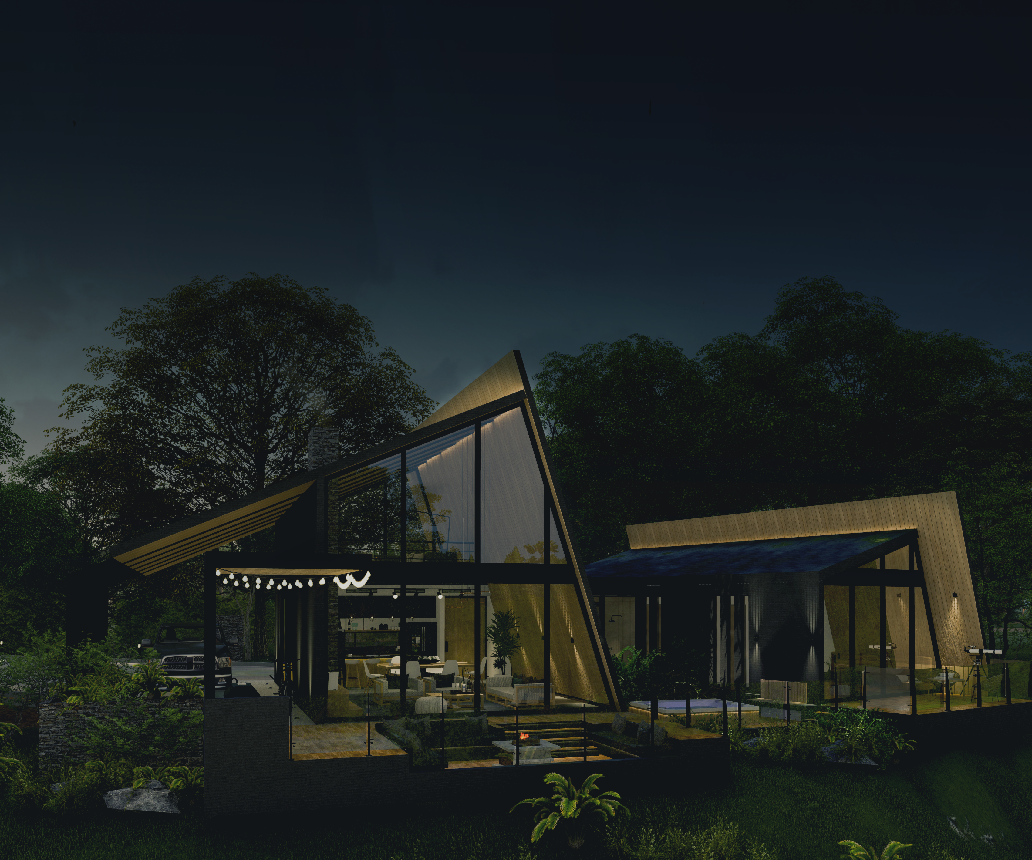 Architectural rendering of a NATIVA cabin at dusk in the forest