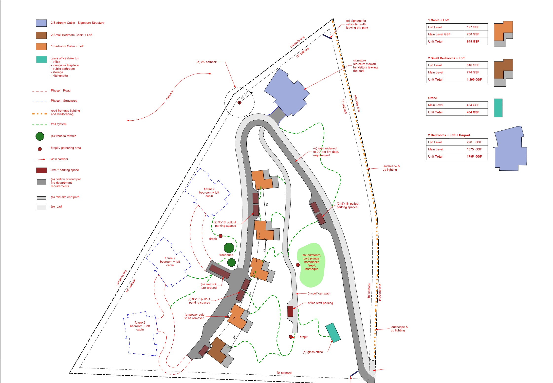 NATIVA overall conceptual site plan by Vellum Architecture + Design, showing cabin placements, roads, trails and amenities